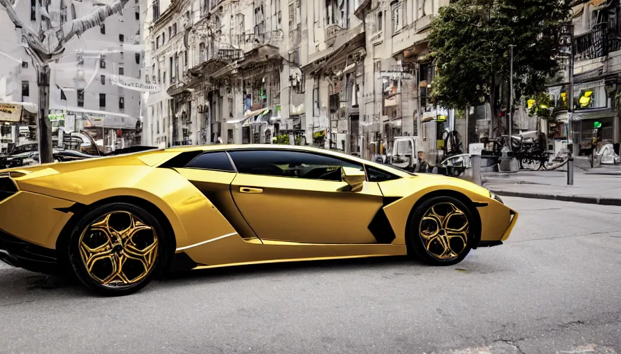 Prompt: A golden Lamborghini with green tire covers, in a bright city, white underglow, night time, ray tracing, arcane bloom, bright shimmer,