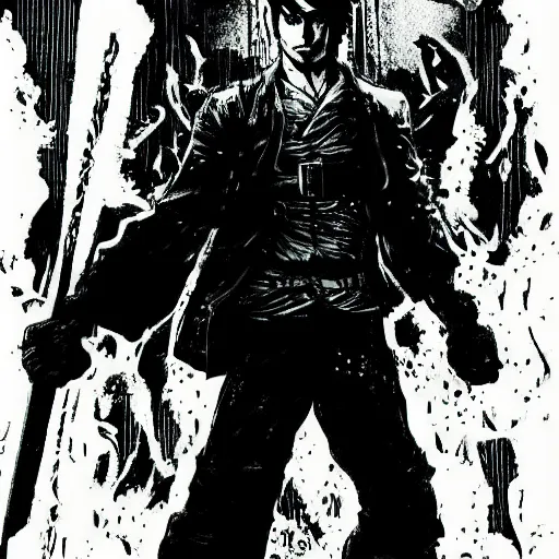 Image similar to pen and ink!!!! attractive 22 year old deus ex!! Gantz Frank Zappa x Ryan Gosling comic book Vagabond!!!! floating magic swordsman!!!! glides through a beautiful!!!!!!! battlefield magic the gathering dramatic esoteric!!!!!! pen and ink!!!!! illustrated in high detail!!!!!!!! graphic novel!!!!!!!!! by Hiroya Oku!!!!!!!!! and Frank Miller!!!!!!!!! published by Cartoon Network Adult Swim!! MTG!!! 2049 award winning!!!! full body portrait!!!!! action exposition manga panel