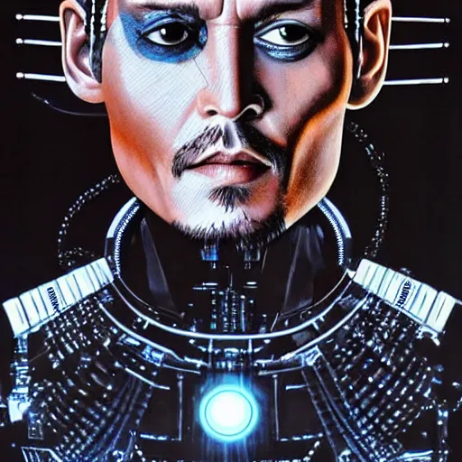 Image similar to johnny depp as a borg drone, tng, star trek, the borg, cybernetic implant, borg collective, hd, full length portrait, detailed face