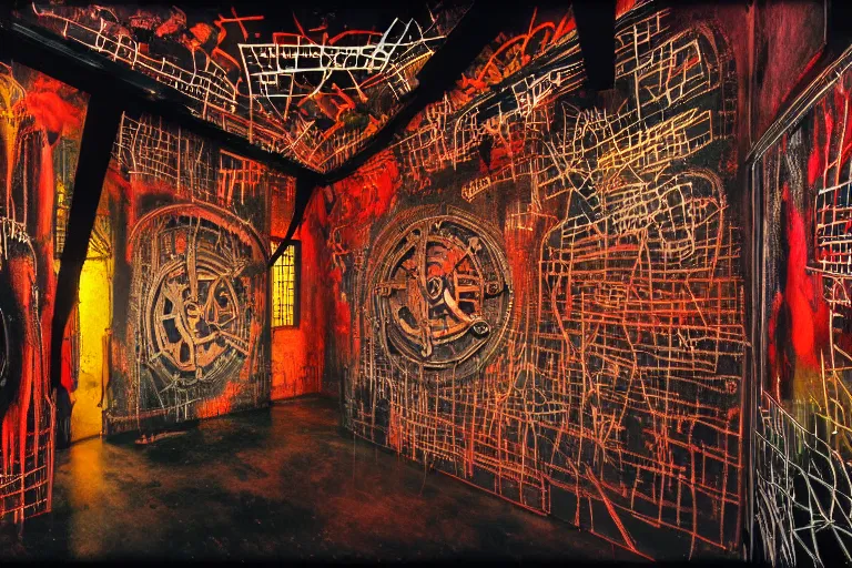 Prompt: the inside of a symmetrical hellish dungeon, mirrors and ancient gears, matte painting, 4 k, epic composition, volumetric light, abstract illusionism, by william stout, jean - michel basquiat, pour paint, modern street art, grunge wall, industrial