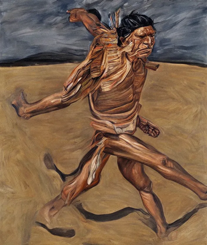 Image similar to indigenous man running, painted by lucian freud, hd, super detailed, realistic, muted colors