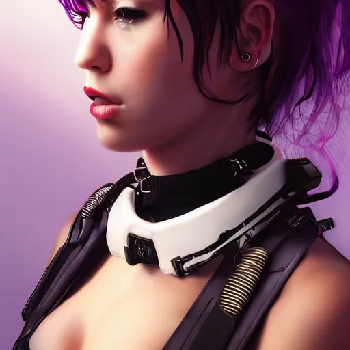 Image similar to realistic female character cyberpunk wearing technological collar around neck, realistic, art, beautiful, 4K, collar, choker, collar around neck, punk, artstation, detailed, female, woman, choker, dark,