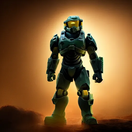 Image similar to master chief holding a can of beer, cinematic lighting, photorealistic, happy feeling,