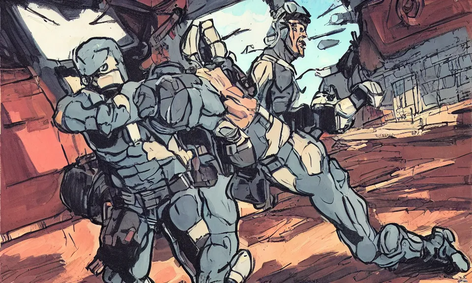 Prompt: solid snake sneaking into a hangar mead and jack kirby, color scheme, kirby crackle, arik roper, concept art