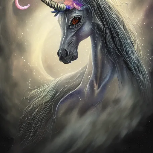 Image similar to a wlop 3 d render of very very very very highly detailed beautiful mystic portrait of a phantom undead unicorn with whirling galaxy around, tattoos by anton pieck, intricate, extremely detailed, digital painting, artstation, concept art, smooth, sharp focus, illustration, intimidating lighting, incredible art,