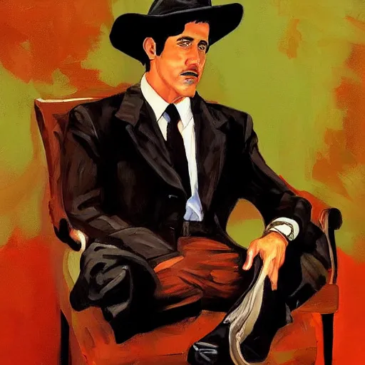 Prompt: a painting of sterling malory archer as the mob - boss in the godfather, by arthur suydam trending on artstation, oil painting rebrandt