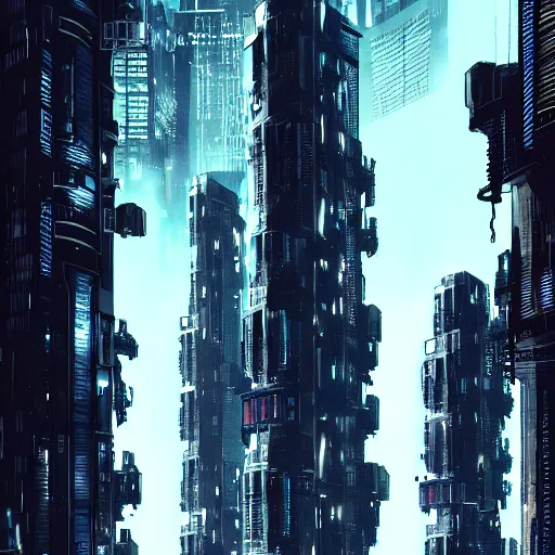 Image similar to Fully dark cyberpunk city with one building in the middle with only one window shining in style of Tsutomu Nihei. ArtStation, Cyberpunk, Vertical Symmetry, 8K, Highly Detailed, Intricate, Album Art.