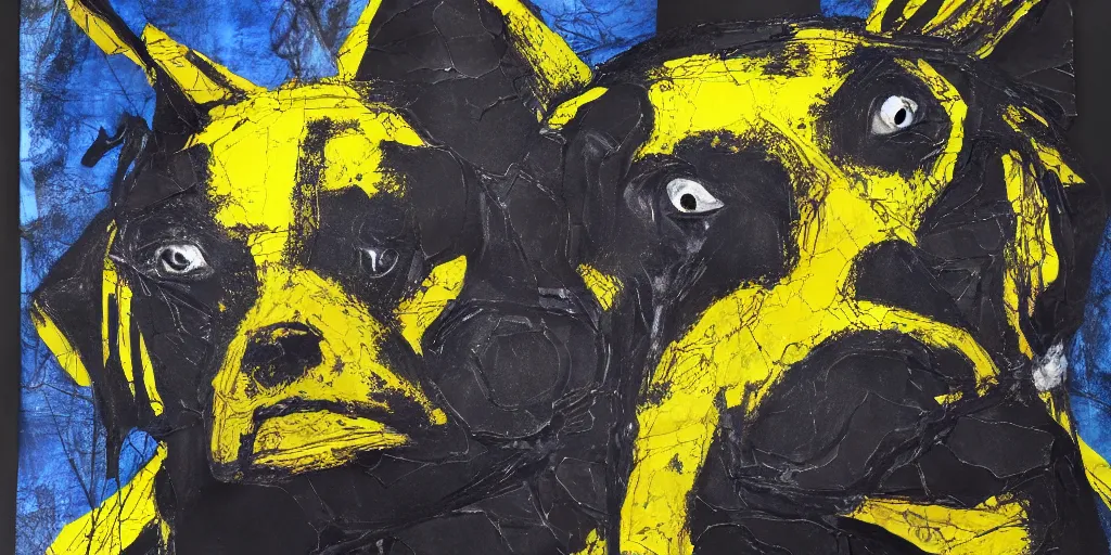 Prompt: rendered in blender scary dog on wired, yellow, blue and black, collage paper and tape, acrylic on canvas, hyperrealism mixed with expressionism, high resolution, cinematic, unreal 6, breathtaking detailed, by blake neubert