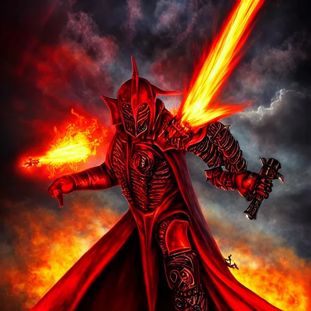 Image similar to hell knight with firepowers, highly detailed, 4 k, hdr, smooth, sharp focus, high resolution, award - winning photo, anne stokes, photorealistic, digital art