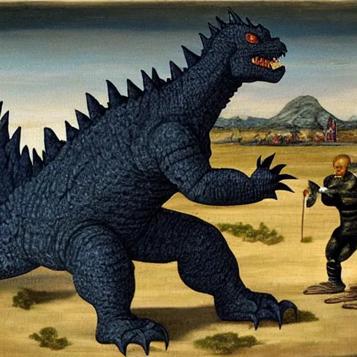 Prompt: Godzilla fighting Biden in medieval England, oil painting