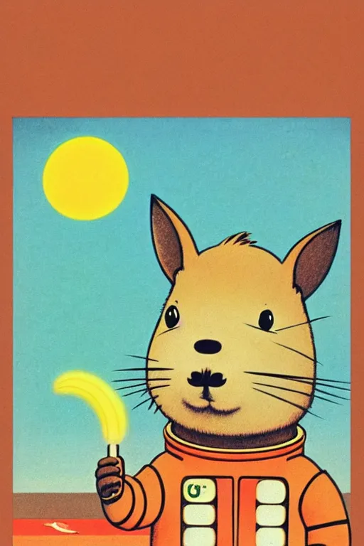 Image similar to by richard scarry. astronaut capybara. a 1 9 5 0 s retro illustration. studio ghibli. muted colors, detailed