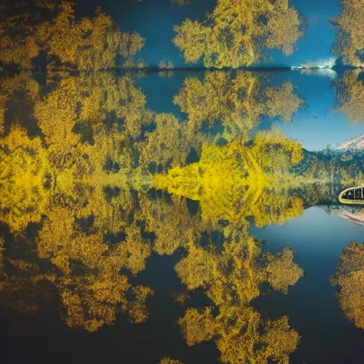 Prompt: a mirror from the upside-down above a lake