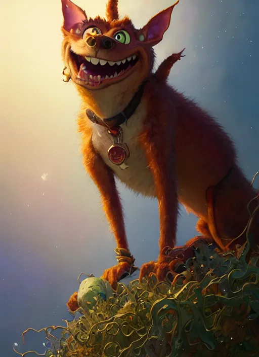 Image similar to Highly detailed portrait of Courage the cowardly dog, Stephen Bliss, unreal engine, fantasy art by Greg Rutkowski, Loish, Rhads, ferdinand knab, Makoto Shinkai and Lois van baarle, ilya kuvshinov, rossdraws, Tom Bagshaw, alphonse mucha, global illumination, radiant light, detailed and intricate environment