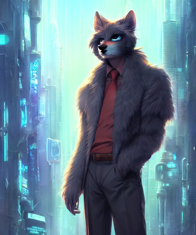 Image similar to male anthropomorphic furry | in cyberpunk city | cute - fine - face, pretty face, key visual, realistic shaded perfect face, fine details by stanley artgerm lau, wlop, rossdraws, james jean, andrei riabovitchev, marc simonetti, and sakimichan, trending on artstation