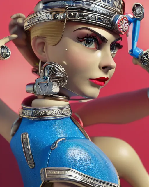 Image similar to highly detailed closeup, face profile portrait of a tin toy retro 1 9 5 0 s cara delevingne, bikini, depth of field, zeiss lens, fashion photoshoot by max fleischer, breathtaking, detailed and intricate environment, 8 k resolution, extremely detailed, beautiful, establishing shot, artistic, hyperrealistic, octane render