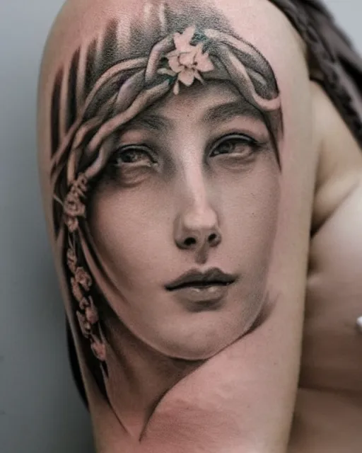 Image similar to realism tattoo sketch of hana soukupova as a beautiful greek goddess aphrodite with piercing eyes wearing a laurel wreath and triangle earrings, in the style of greg rutkowski, amazing detail