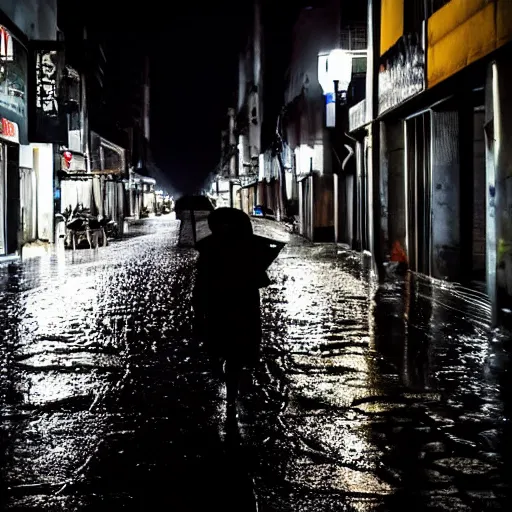 Prompt: Kson Souichou walking down the street at night, raining, street lights shining