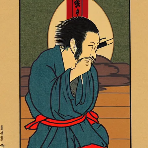 Prompt: twitch streamer forsen as homeless in Ukiyo-e style, rule of thirds