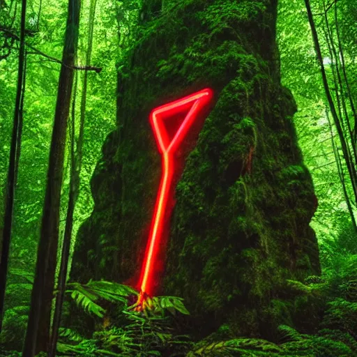 Image similar to a neon monolith in a mythical rainforest,