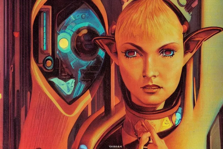 Image similar to 1979 OMNI Magazine Cover of a lady elf. in cyberpunk style by Vincent Di Fate