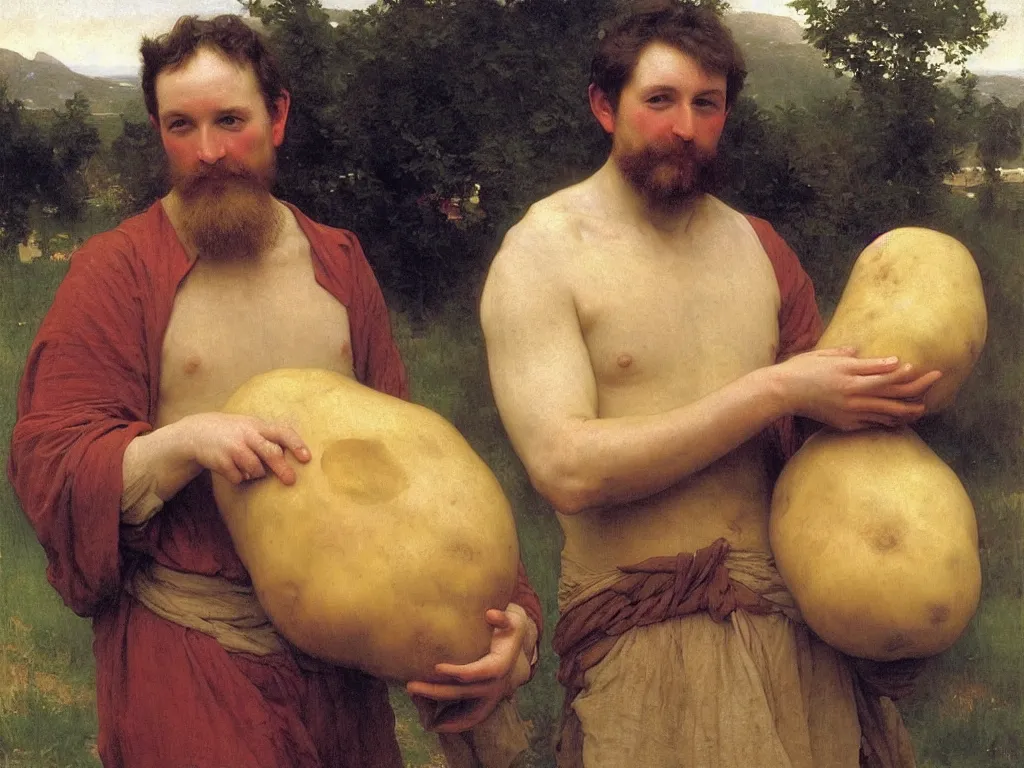 Prompt: irish man holding a big potato, bouguereau