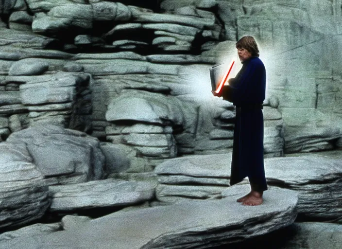 Image similar to screenshot of Luke Skywalker reading the ancient Jedi textbooks, outside on a rocky jedi temple, famous scene from the force awkaens, 1980s film directed by Stanley Kubrick cinematic lighting, moody cinematography, with anamorphic lenses, crisp, detailed portrait, 4k image