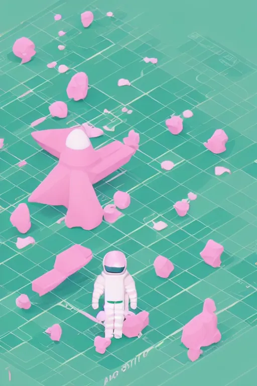 Prompt: A pastel pink low poly astronaut in an pastel green isometric room. .