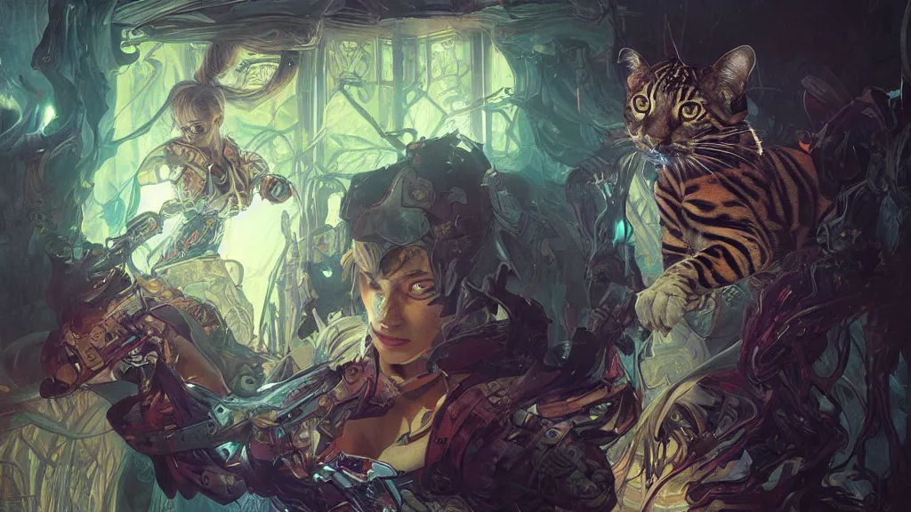 Image similar to a bengal cat with RGB LED body armor fighting a wraith inside a haunted house, dark fantasy, horror, highly detailed, digital painting, concept art, illustration, trending on artstation, art by Artgerm and Greg Rutkowski, Alphonse Mucha and Rossdraws