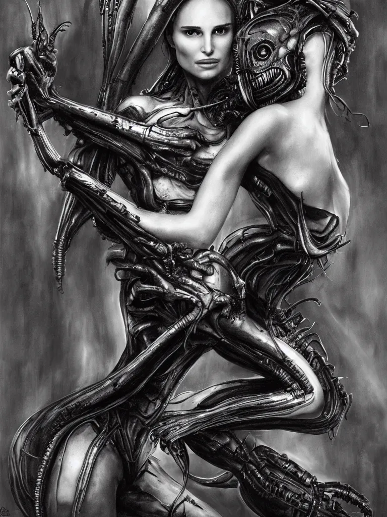 Prompt: a beautiful portrait of natalie portman with a xenomorph alien queen by h.r. giger, detailed, proportional, trending on art station, 4k