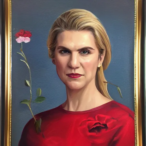 Prompt: highly detailed oil painting of kim wexler, dramatic, cool tone color palette, red flowers frame corners of canvas, 4k,