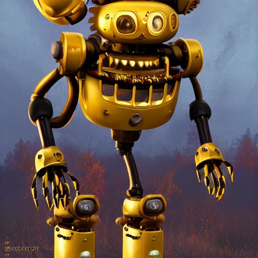 Image similar to horror animatronic in form of golden Bonny character design, robotic Springtrap character by Simon Stalenhag, trending on Artstation, 8K, ultra wide angle, zenith view, pincushion lens effect