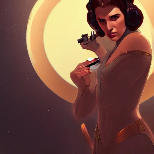 Prompt: Gal Gadot as Princess Leia, ambient lighting, 4k, alphonse mucha, lois van baarle, ilya kuvshinov, rossdraws, artstation