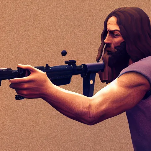 Prompt: jesus shooting a lmg, 3 d render, octane ray tracing, ultra high resolution, ultra detailed, photorealistic