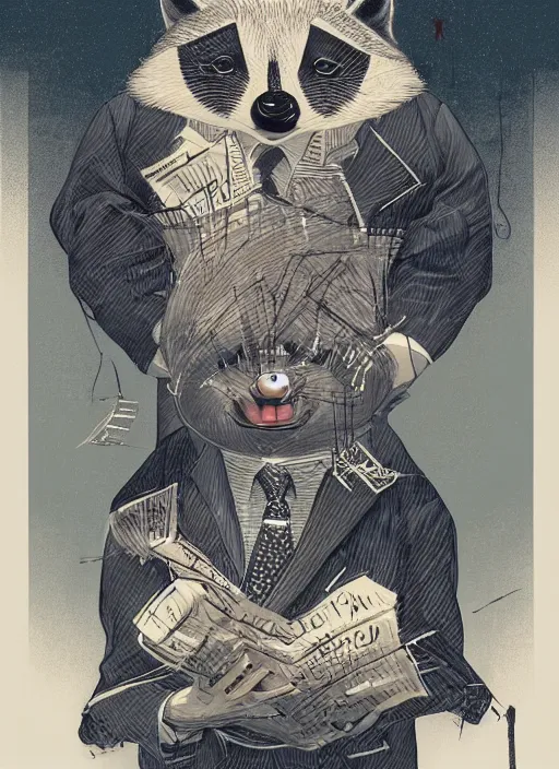 Image similar to a dramatic illustration portrait of an anthropomorphic raccoon mob boss, by victo ngai, by stephen gammell, by george ault, in the style of animal crossing, artstation