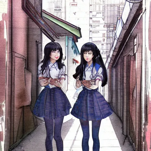 Prompt: a perfect, realistic professional digital sketch of a Japanese schoolgirls posing in a postcyberpunk alleyway, style of Marvel, full length, by pen and watercolor, by a professional American senior artist on ArtStation, a high-quality hollywood-style sketch, on high-quality paper