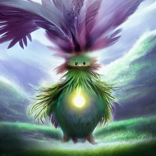 Image similar to a cute beautiful earth type pokemon, green feathers bursting out of his hair, full body shot, highly detailed digital art, 3 d perspective, award - winning illustration, aesthetic, smooth, pokemon style, made by greg rutkowski, with an alien landscape in the background