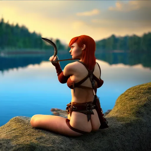 Image similar to beautiful female redhead elf warrior wearing tanned leather and a longbow bow and quiver on her back, sitting next to a beautiful lake at sunset, enjoying the wind, looking at the water. 8 k ultra realistic, award winning, unreal engine 5, masterpiece, atmosphere glow, hyperrealistic, focused, extreme details, cinematic