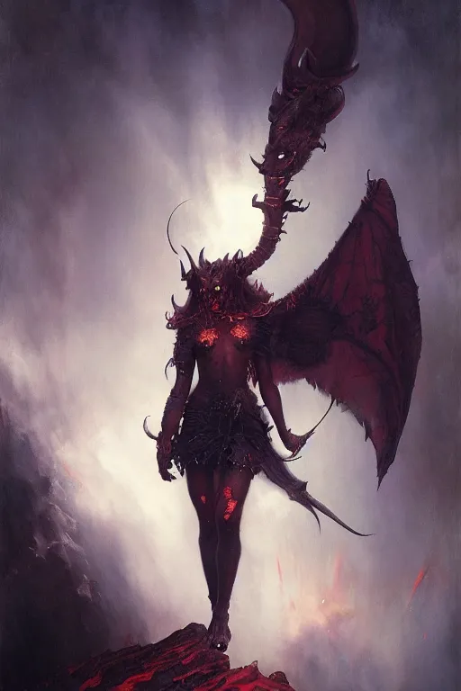Image similar to a full body portrait of devil demon girl wearing devil clothes, high detail, cleary see face, by gaston bussiere, bayard wu, greg rutkowski, odd nerdrum, maxim verehin, dan dos santos, masterpiece, sharp focus, cinematic lightning