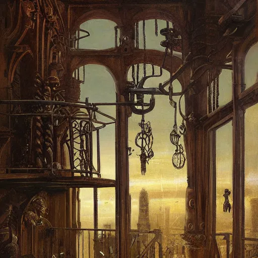 Prompt: painting of hr giger artlilery scifi balcony with ornate metal work lands on a farm, fossil ornaments, volumetric lights, purple sun, andreas achenbach