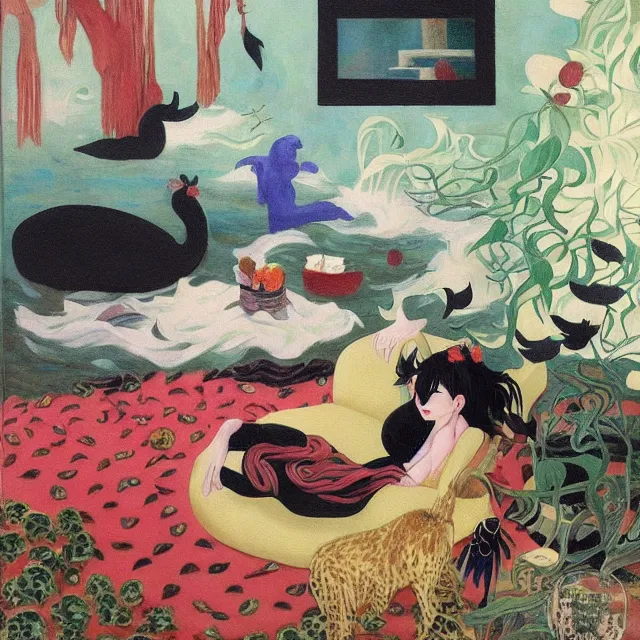 Prompt: emo catgirl artist in her lounge room, painting of flood waters inside an artist's loungeroom, a river flooding indoors, pomegranates, pigs, ikebana, water, octopus, river, rapids, waterfall, black swans, canoe, berries, acrylic on canvas, surrealist, by magritte and monet