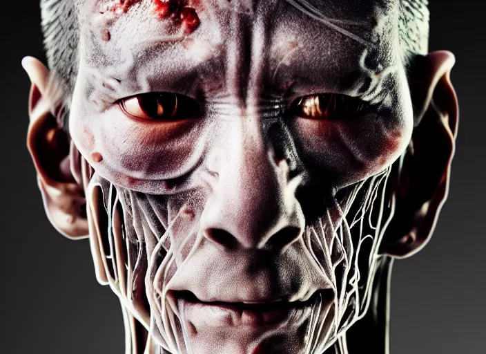 Prompt: mid shot portrait of samurai in battle, transparent skin, bones, muscle, veins, nerves, in the style of david cronenberg, high fashion, id magazine, realistic, sharp focus, 8 k high definition, film photography, photo realistic, insanely detailed, by david kostic and stanley lau and artgerm