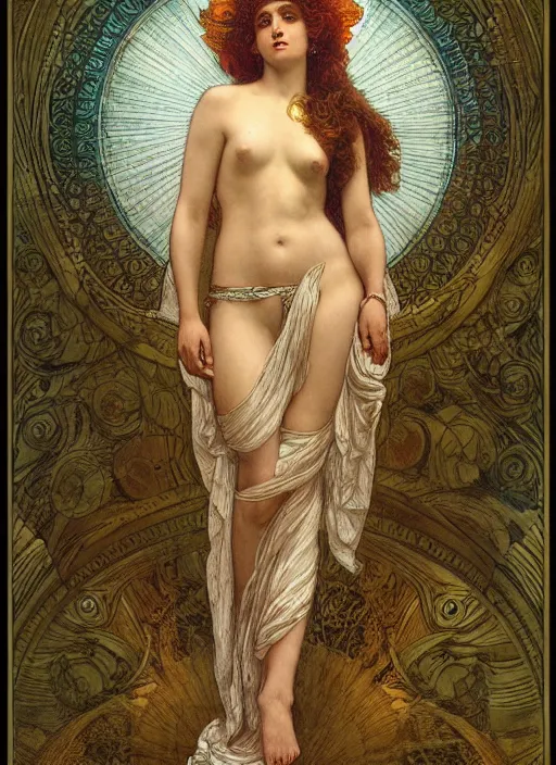 Image similar to aphrodite in paradiso. sacred geometry. clouds. sun rays. bliss. enlightenment. ascension. gustave dore. dappled light. cinematic lighting. in the art style of mucha