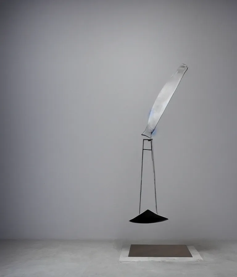 Prompt: a singular single studio packshot of an upside - down snow shovel readymade object on a pedestal in an empty museum room, contemporary sculpture, steel, ceramic, glass