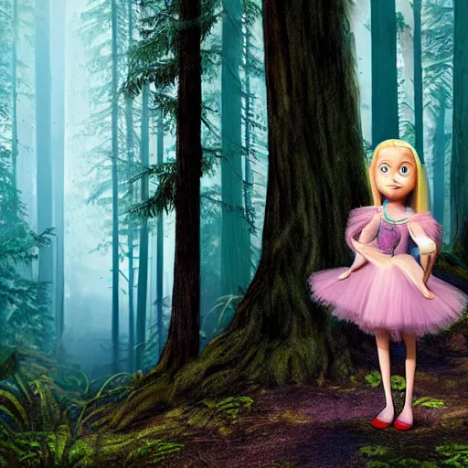 Image similar to young seven year old girl, blond hair green eyes, rinding a gray wolf, in a dark forest, still from a pixar disney movie