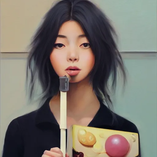 Image similar to oil painting by ilya kuvshinov,, baugh casey, rhads, coby whitmore, of a youthful japanese beauty, long hair, standing eating a pushpop outdoors by vending machines, highly detailed, breathtaking face, studio photography, dawn, intense subsurface scattering, blush, supple look, innocence, intense sunlight