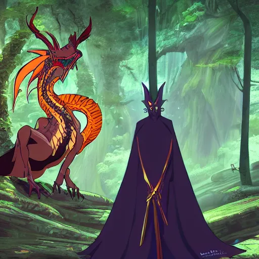 Image similar to concept art painting of an anthropomorphic dragon king with black robes, a long neck, and skull mask, in a deep forest, cel shaded, in the style of makoto shinkai and james gurney and studio ghibli and moebius