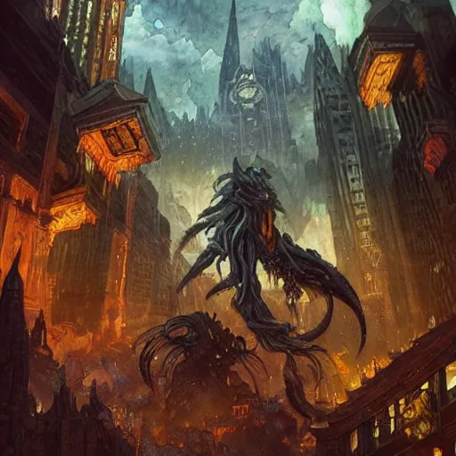 Prompt: “fenrir destroys an entire city, apocalypse, mosaic style, stained glass art, D&D, fantasy, intricate, cinematic lighting, highly detailed, digital painting, artstation, concept art, smooth, sharp focus, illustration, art by Artgerm and Greg Rutkowski and Alphonse Mucha”