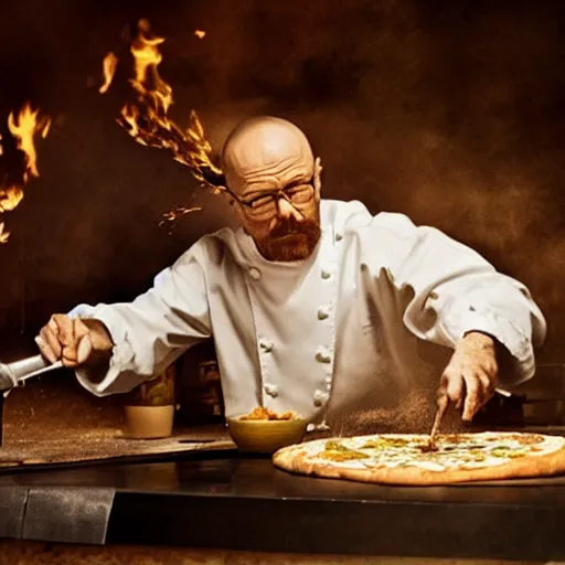 Image similar to walter white making pizza!!! margherita! with a blowtorch!! in the desert, dramatic lighting, movie poster