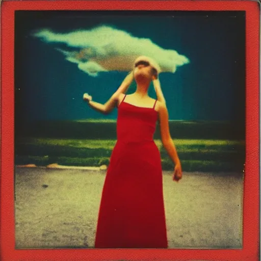 Image similar to vintage polaroid of a dancing young woman in the 60s, low perspective, a nuclear fallout cloud visible in the background, red color bleed, film grain