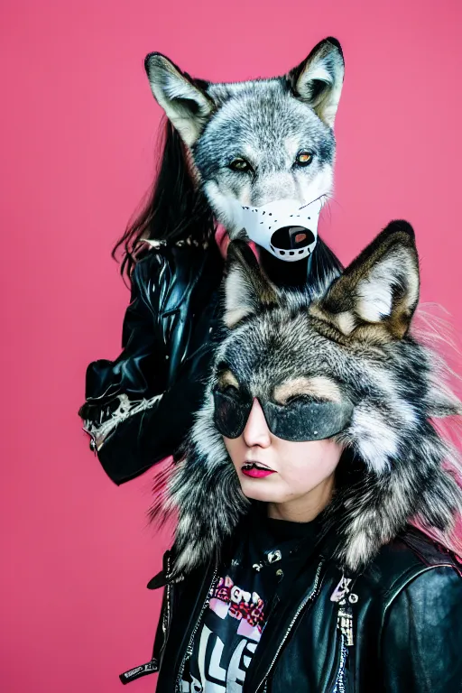 Image similar to professional photographic portrait of a punk girl in a leather jacket wearing a wolf's head over her face, fashion magazine shoot, cool punk with wolf on her head